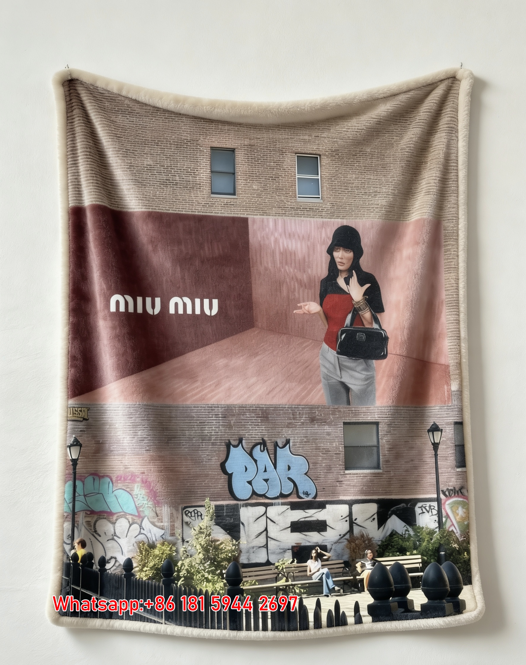 Miumiu Brown Red Black Gray Flannel Sofa Throw Blanket – Printed NYC Street Billboard Scene IMG_0537